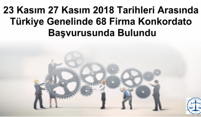 23 Kasım 27 Kasım 2018 Tarihleri Arasında  Türkiye Genelinde 68 Firma Konkordato Başvurusunda Bulundu