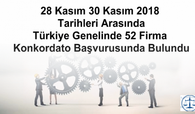 28 Kasım 30 Kasım 2018 Tarihleri Arasında  Türkiye Genelinde 52 Firma Konkordato Başvurusunda Bulundu